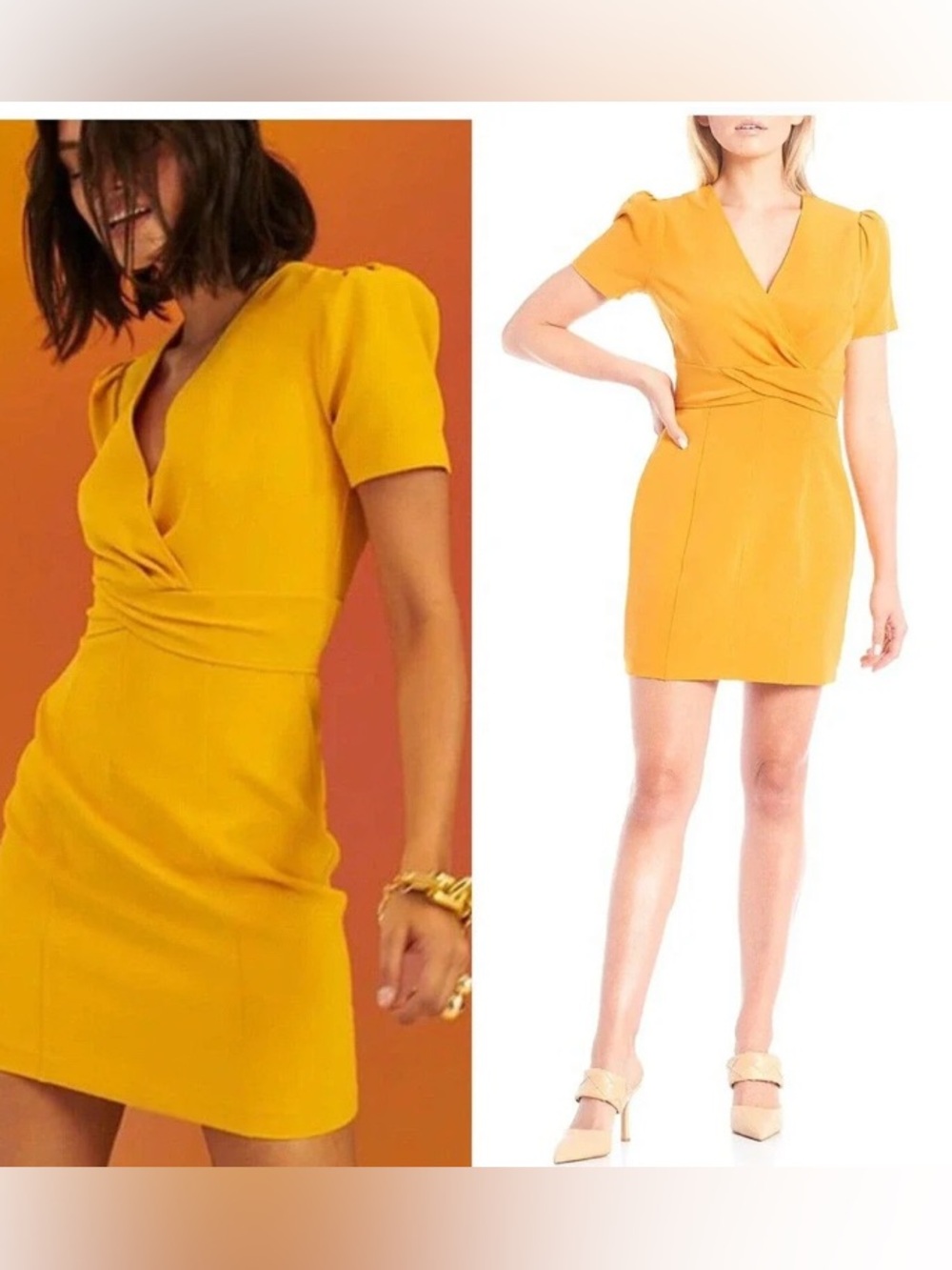 NWT LDT Gianna Twist Front Surplice V-Neck Yellow Sheath Mini Dress